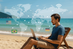 Nômade digital trabalhando remotamente com laptop, representando os desafios da residência fiscal e tributação internacional