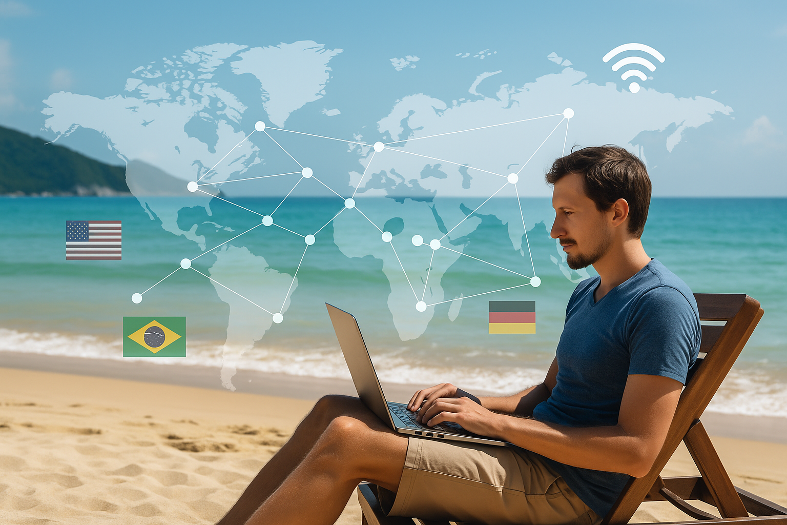 Nômade digital trabalhando remotamente com laptop, representando os desafios da residência fiscal e tributação internacional