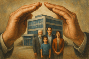 Ilustração realista de três gerações de uma família em frente a um edifício empresarial, protegidos por duas mãos simbólicas, representando a preservação do patrimônio e a continuidade dos negócios familiares.